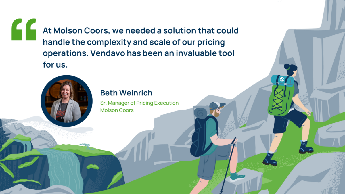 Vendavo testimonial graphic featuring Molson Coors testimonial on improved pricing efficiency and business impact